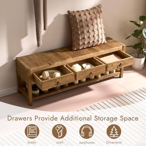 wnutrees 45.2" reclaimed solid wood entryway bench with, side view