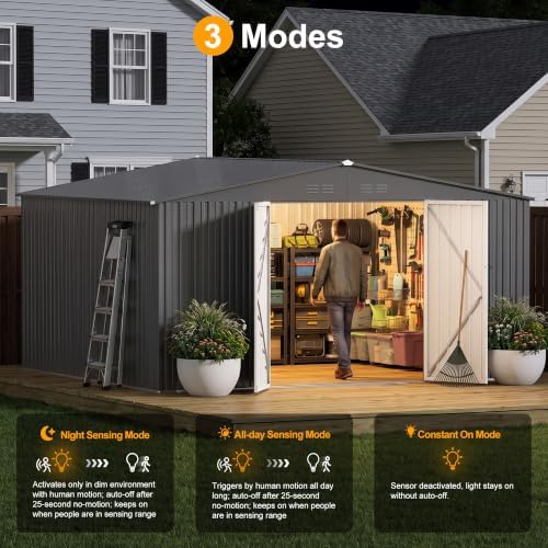 12ft outdoor storage shed, dark grey metal waterproof, close-up detail