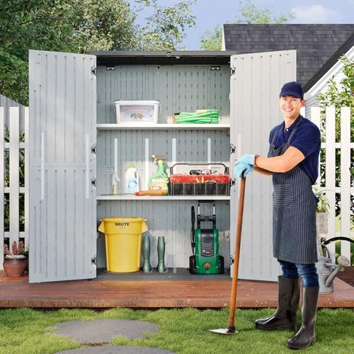 aoxun 64 cu.ft resin outdoor storage shed with on a desk or shelf
