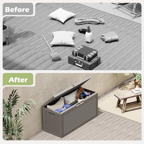 outdoor storage box, resin deck boxes indoor and showing dimensions