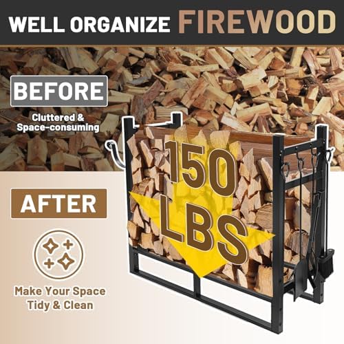 hecasa 33 inch firewood rack w/kindling holder include showing dimensions