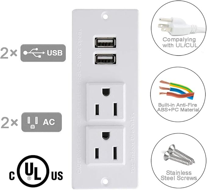 Recessed Power Strip with USB Mountable Power Strip with USB 2 Power Outlets 2 - Image 2