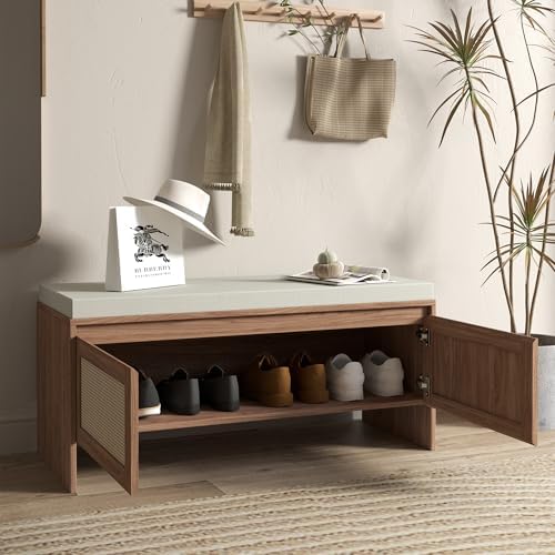 softsea 39.4" shoe storage bench with rattan doors, side view