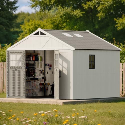 patiowell 10x10 ft resin outdoor storage shed with, front angle view