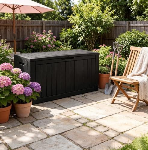 outdoor storage box waterproof, 150 gallon deck box shown in use