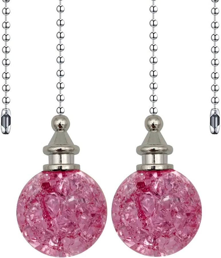2 Pack Pink Glass Ceiling Fan Pull Chain, Fan Lamp String Pulls Crystal Decorative Extension, 12 Inches Ball Chains Extender Ornament with Connector