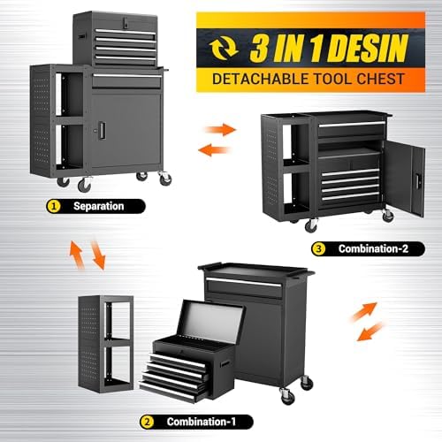 5 drawer rolling tool chest with wheels, 3-in-1, side view
