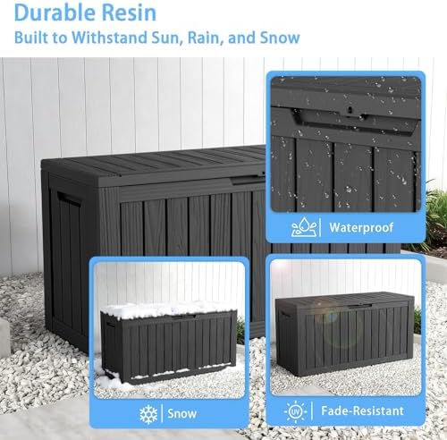 85 gallon outdoor deck box, resin waterproof storage on a desk or shelf