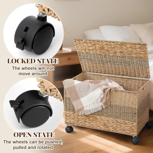 cinnvoice 42.3 gallon/160 l wicker storage trunk basket showing dimensions