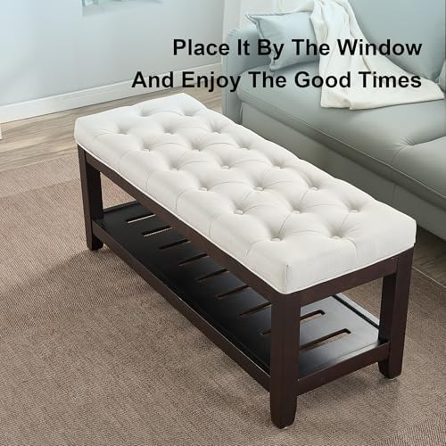 44" entryway bench with shoe storage, upholstered, 500 on a desk or shelf