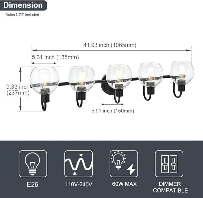WINSHEN 5-Lights Black Bathroom Vanity Light Fixtures Over Mirror, Modern - Image 4