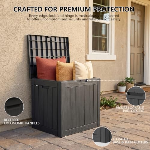 outdoor storage box, 35 gallon waterproof deck box, close-up detail