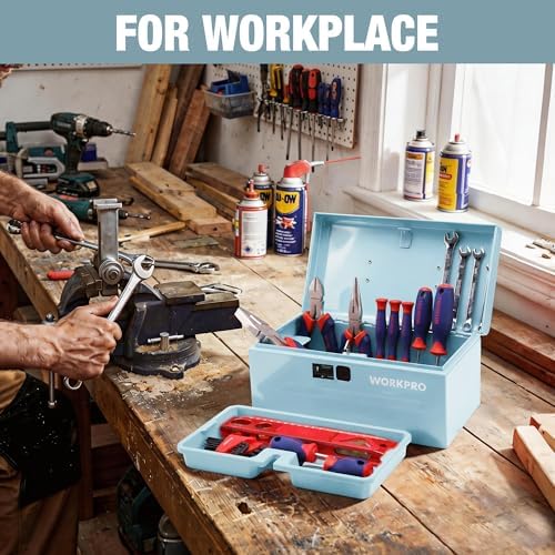 workpro 10.8" mini metal tool box with removable on a desk or shelf