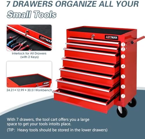 7 drawers rolling tool chest on wheels, multifunctional showing dimensions