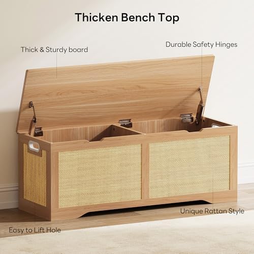 likimio 47.2" rattan storage ottoman bench chest, rustic showing dimensions
