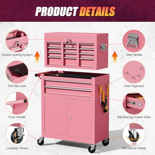 10-drawer rolling tool chest with wheels, lockable 2-in-1 showing dimensions