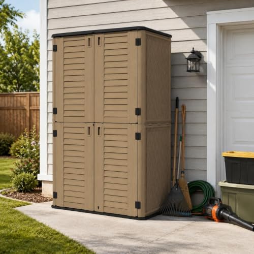 addok 66 cu.ft outdoor storage shed,resin storage cabinet, front angle view