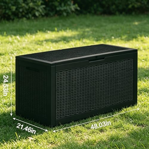 102 gallon resin outdoor storage box, waterproof deck shown in use