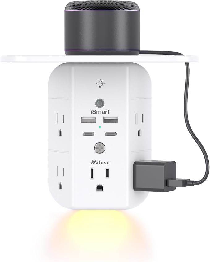Wall Outlet Extender with Shelf and Night Light, Surge Protector, USB Wall by Mifaso