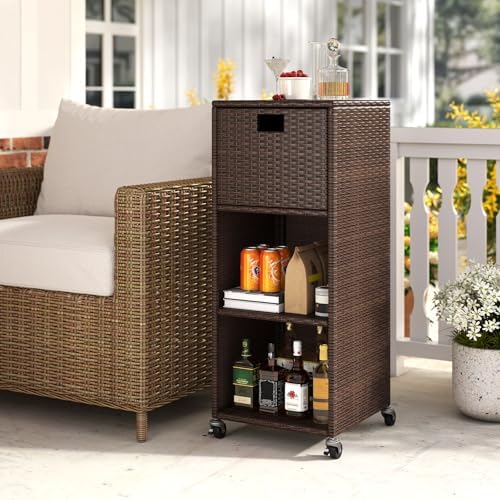 tangkula rattan outdoor storage cabinet with 4 wheels, side view