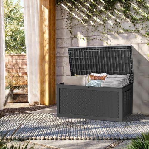 tarkari 370 gallon outdoor storage box waterproof, resin shown in use