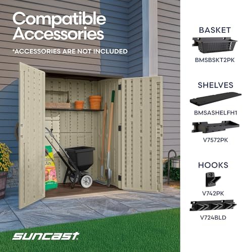 suncast outdoor storage shed, water resistant resin vertical on a desk or shelf