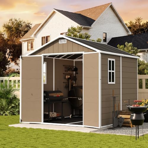 udpatio 8x8 ft resin storage shed, plastic outdoor, front angle view