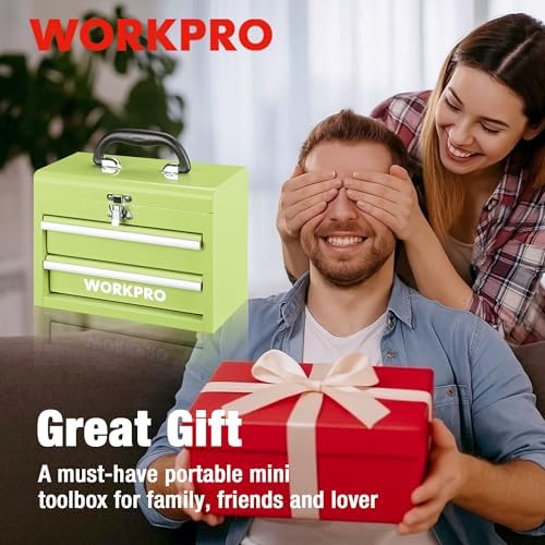 workpro portable mini metal tool box with 2, front angle view