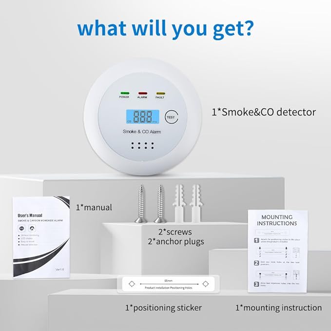 2 in1 Smoke Detector Carbon Monoxide Detector Combo, - Image 7