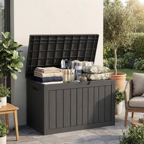 drato 60gal weatherproof resin deck box, black lockable on a desk or shelf
