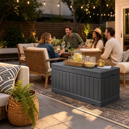 devoko 78 gallon deck box, waterproof resin outdoor, front angle view