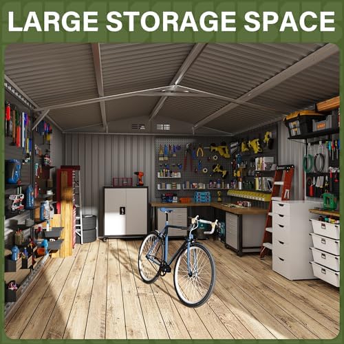 polar aurora 10x16 outdoor storage metal shed with on a desk or shelf