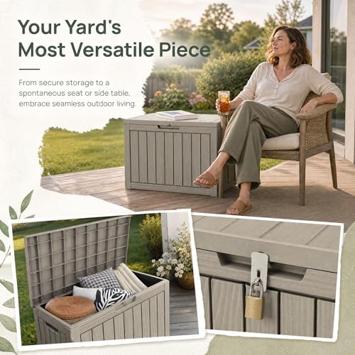outdoor storage box resin deck box waterproof gray shown in use