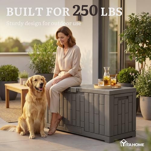 yitahome 60 gallon resin deck box shown in use