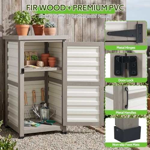 small outdoor storage cabinet with metal top, 18, side view