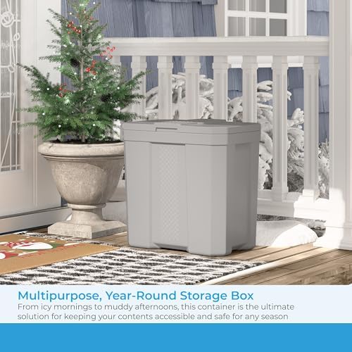 suncast 28 gal, heavy duty storage box, durable shown in use