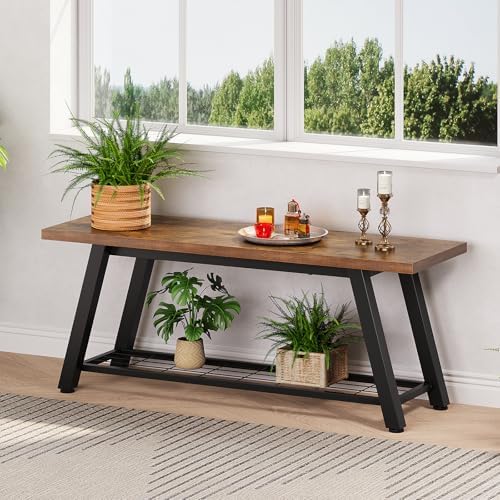 oastreeful storage bench industrial rustic wooden and metal, front angle view
