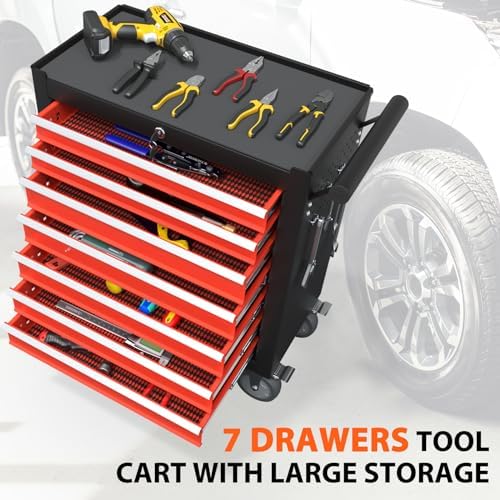 7-drawer high capacity rolling tool box, removable cabinet, side view