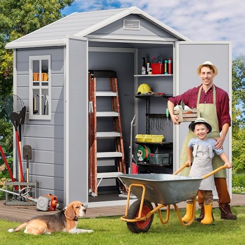 dwvo 6x4ft resin outdoor storage shed with floor shown in use