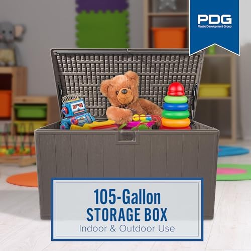 plastic development group outdoor deck box, soft close showing dimensions