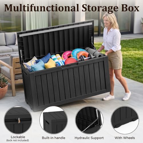outdoor storage box,130 gallon lockable deck box with shown in use