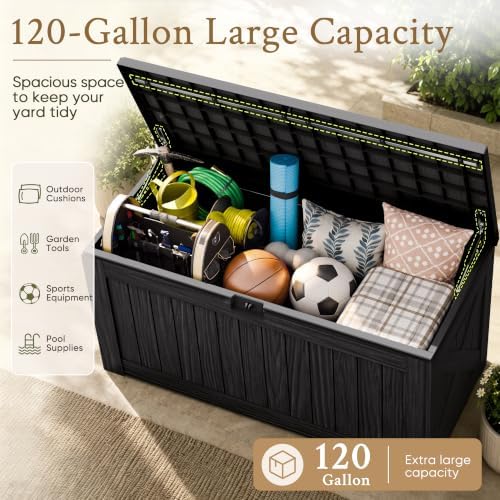 devoko 120 gallon deck box resin outdoor storage on a desk or shelf