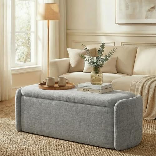vknow 46" oval storage ottoman bench, upholstered end, front angle view
