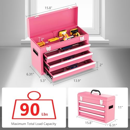 3 drawer metal tool box, portable metal tool shown in use