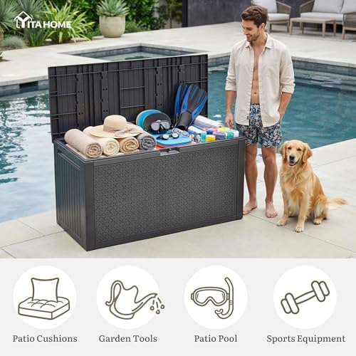 yitahome 95 gallon outdoor storage deck box showing dimensions
