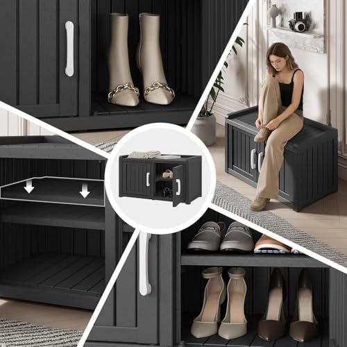 outdoor shoe storage bench with 2 doors, waterproof, side view