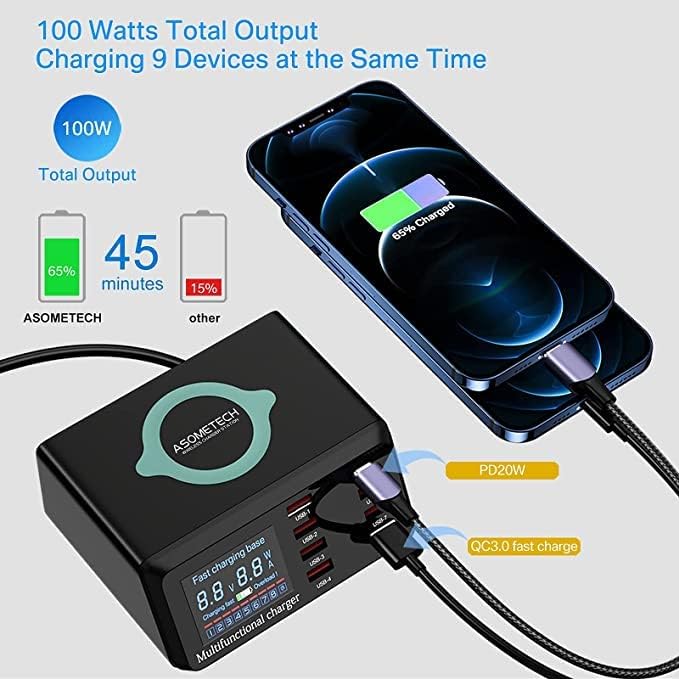 USB Charger Hub ASOMETECH 100W 8-Port Desktop Multiple USB Charging Station - Image 2