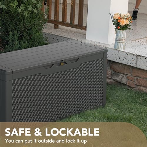 devoko 100 gallon waterproof deck box, resin large showing dimensions