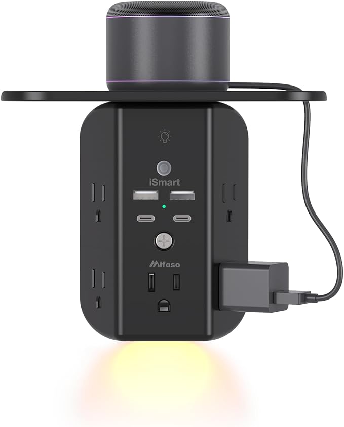Wall Outlet Extender with Shelf and Night Light, Surge Protector, USB Wall by Mifaso