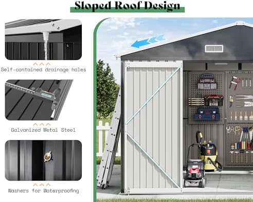 amerlife 10x12x7 ft outdoor storage shed with 2 on a desk or shelf